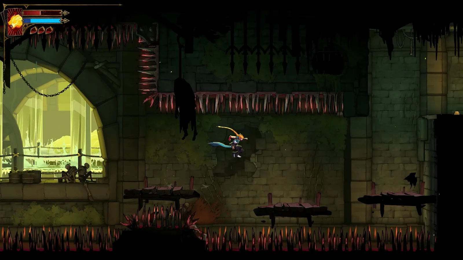 Rose jumps across shoddy wooden platforms in the last stage of an intense platforming section in the sewers of Castlevania: Belmont's Curse.