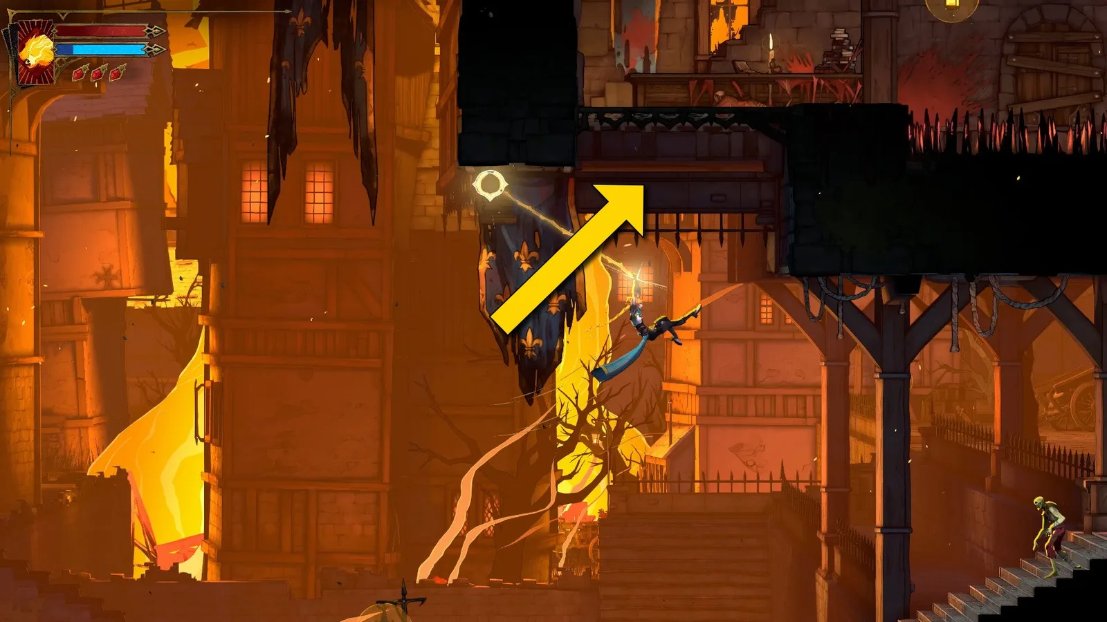 A yellow arrow points that Rose needs to swing up through a grate in Castlevania: Belmont's Curse.