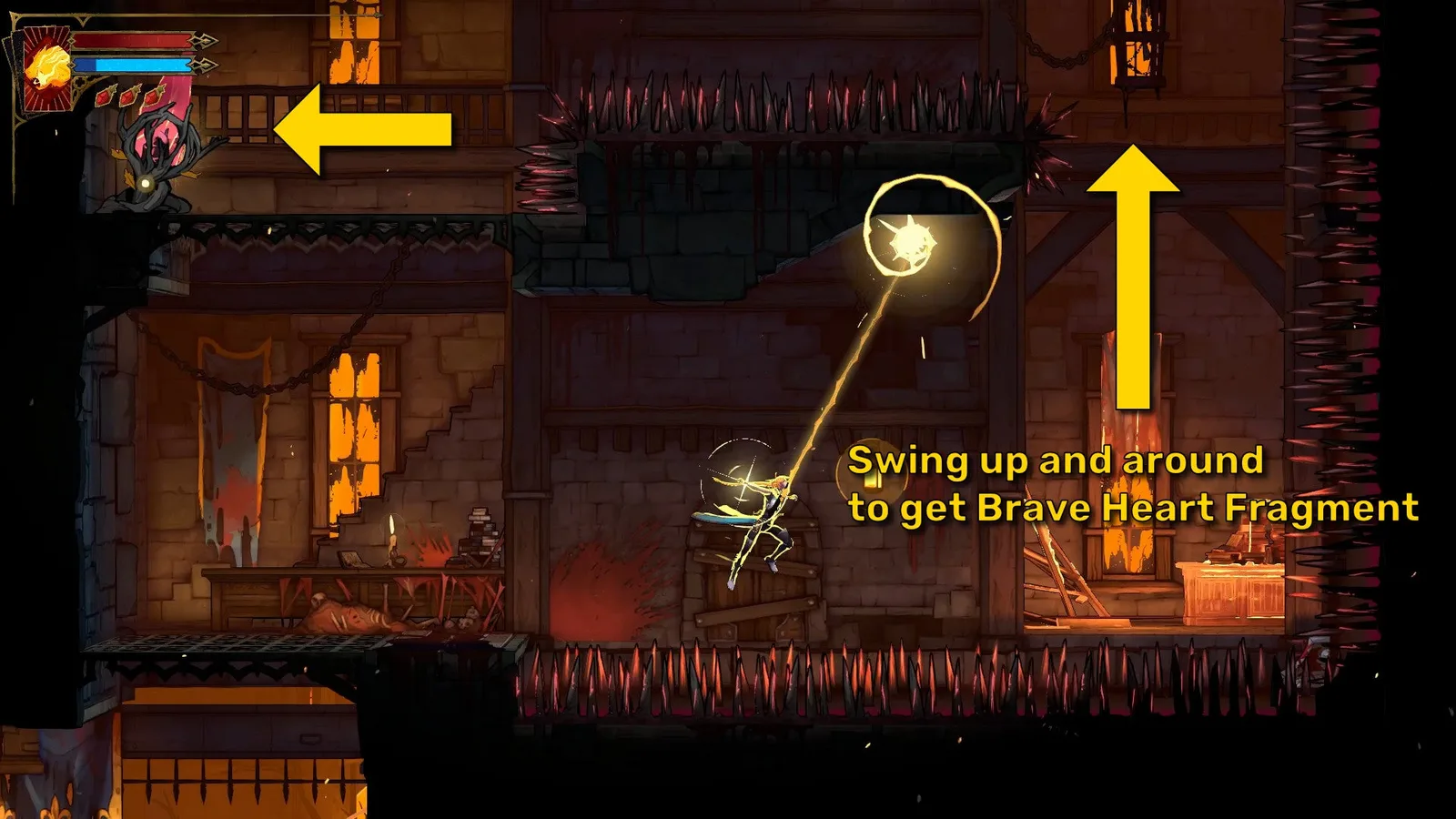 Yellow arrows show that Rose needs to swing up and around a spiked platform to get a Brave Heart Fragment in Castlevania: Belmont's Curse.