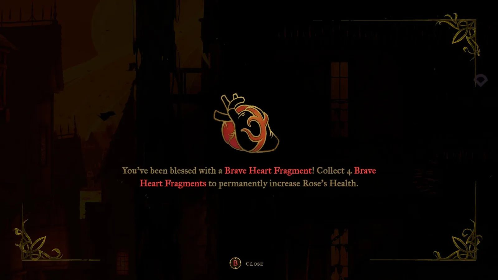 The description of a Brave Heart Fragment in Castlevania: Belmont's Curse, explaining that if four are found, Rose Belmont's health will increase.