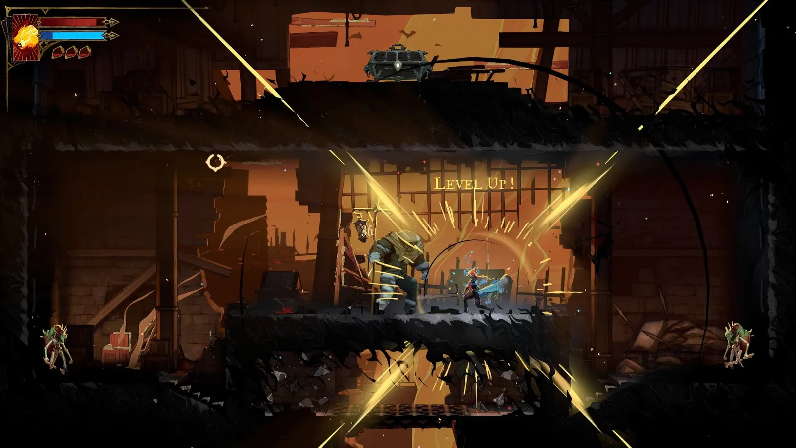 Rose levels up as she fights a gauntlet of enemies in Castlevania: Belmont's Curse. There's a chest above her.
