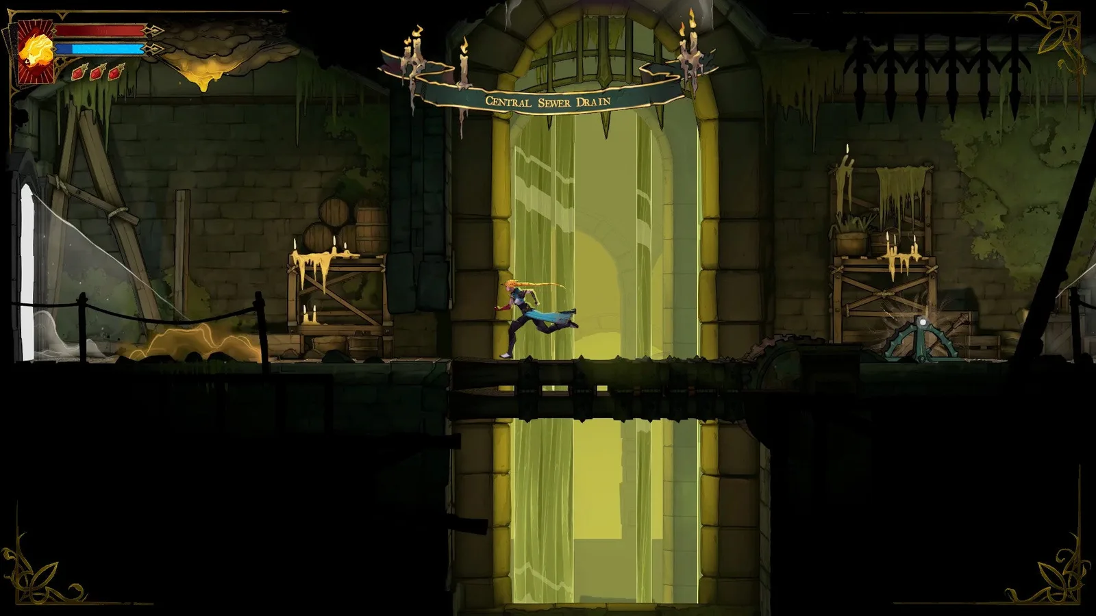 Rose runs on a newly-lowered drawbridge in the Central Sewer Drain of Castlevania: Belmont's Curse.