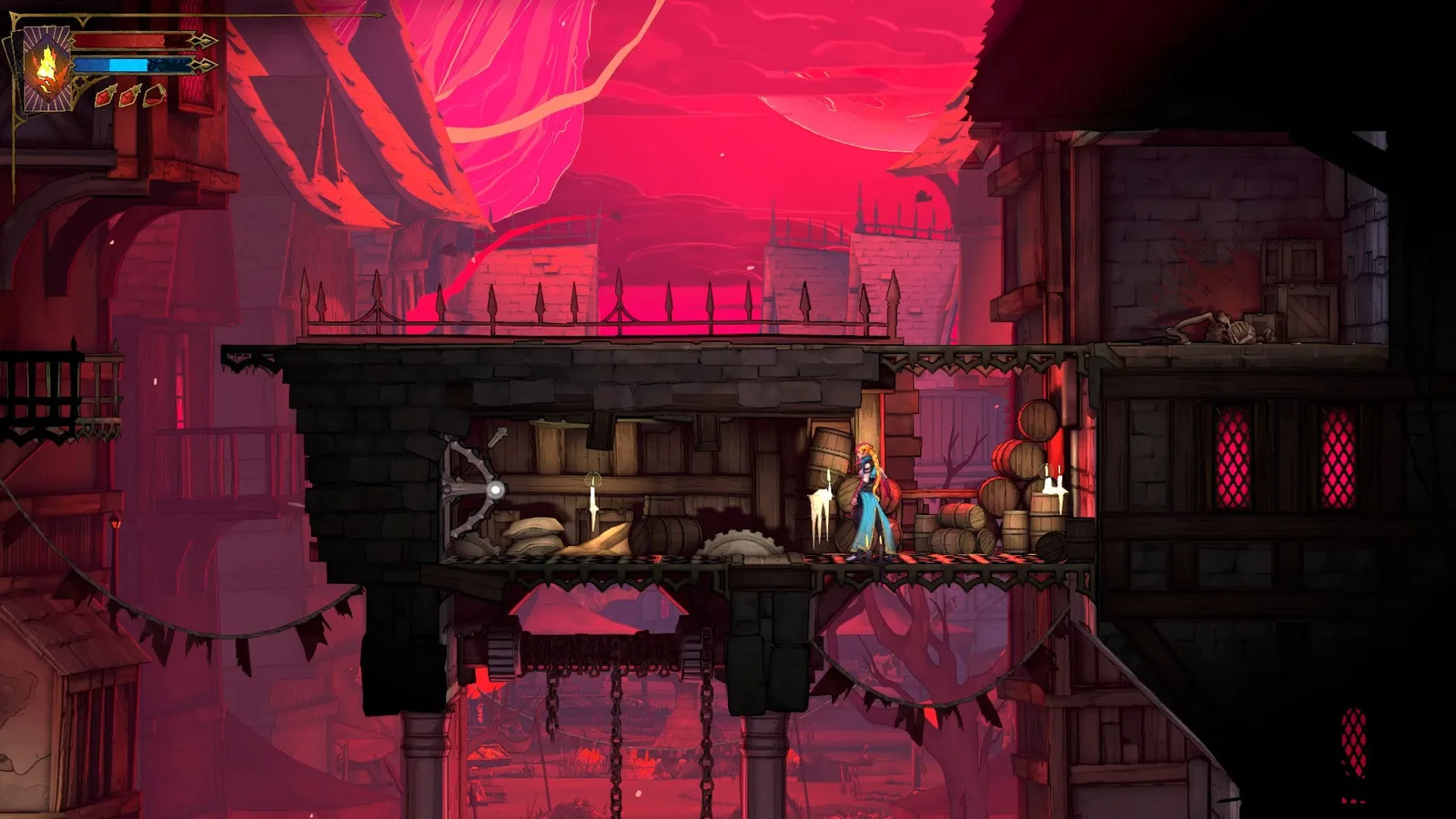 Rose stands before a hidden enclave in Castlevania: Belmont's Curse. Several barrels are nearby, along with a lever.
