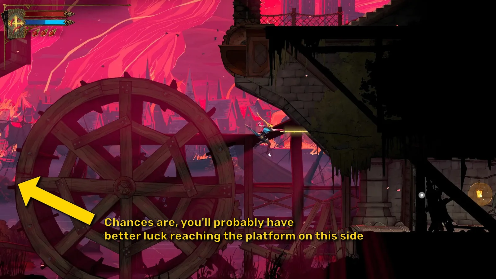 Rose Belmont jumps past a waterwheel in Castlevania: Belmont's Curse, extending the length of her jump ever so slightly with the Arcane Whip. A yellow arrow indicates that the player might have better luck trying to reach a platform in the opposite direction.