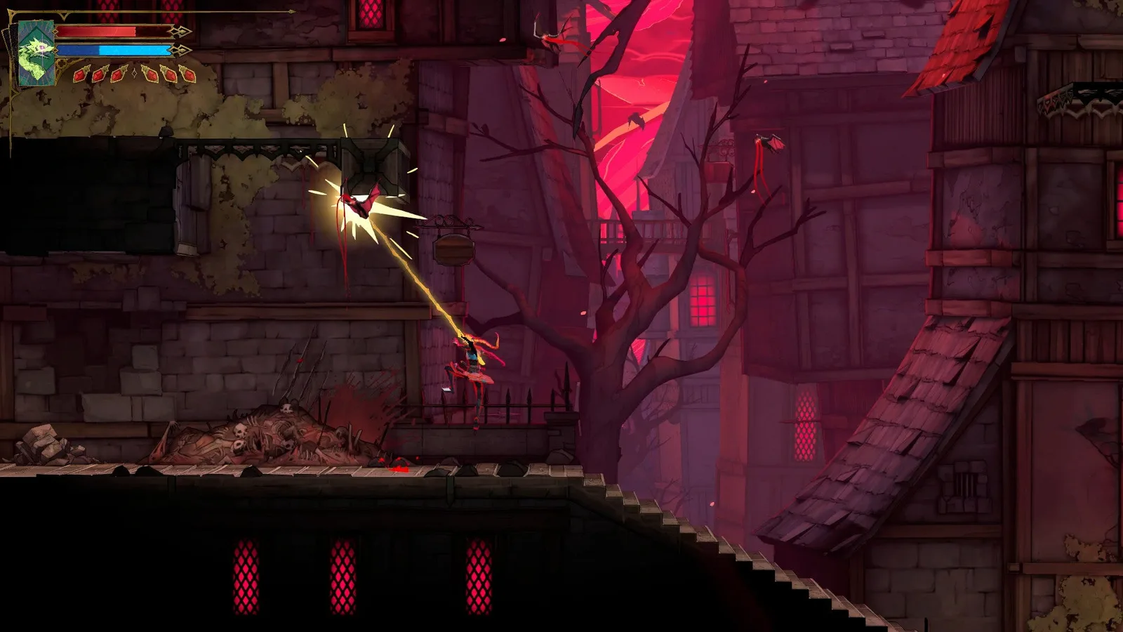 Rose hooks onto a Bat in Castlevania: Belmont's Curse to reach a higher vantage point.
