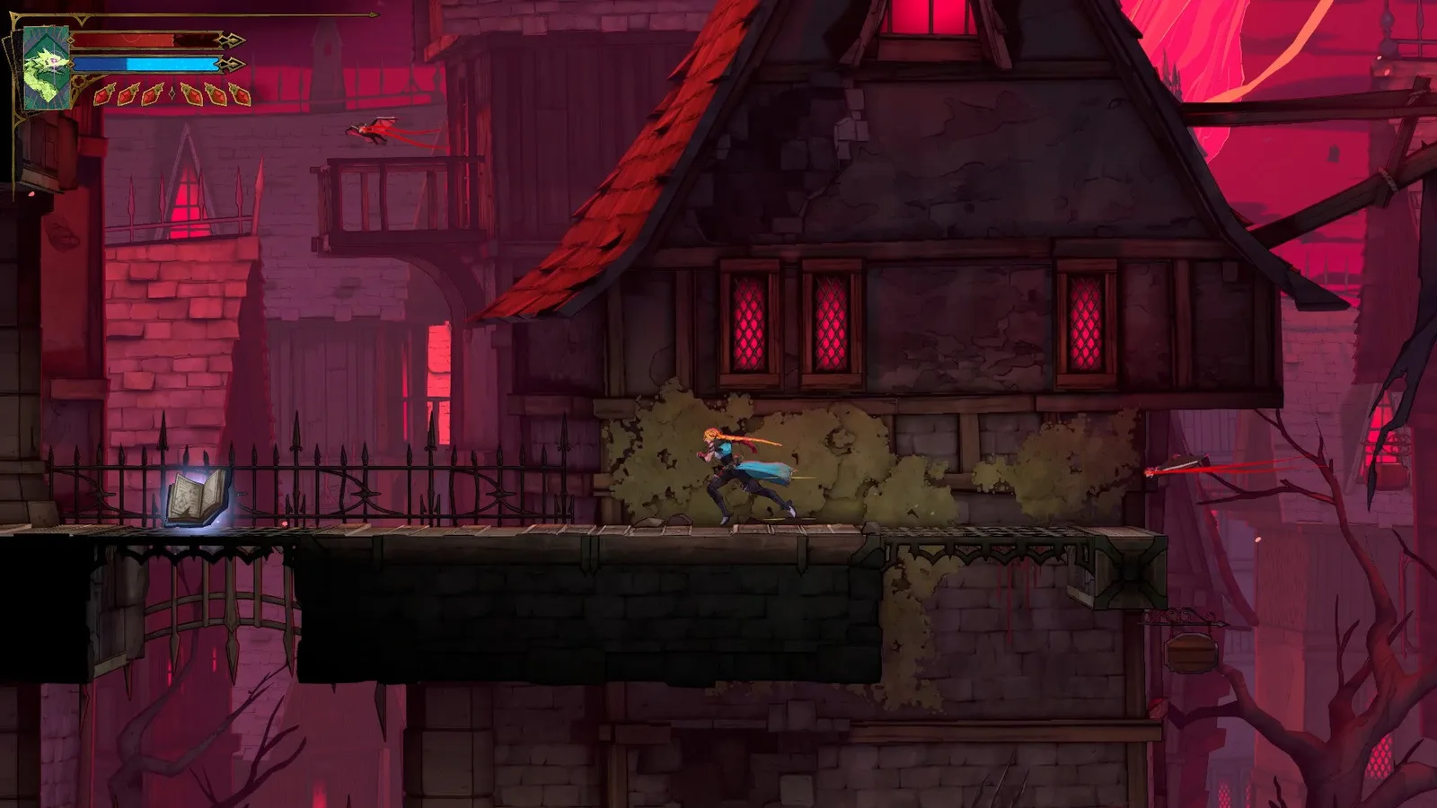 Rose runs towards a Blue DEF UP Book in the Ruined Market of Castlevania: Belmont's Curse.
