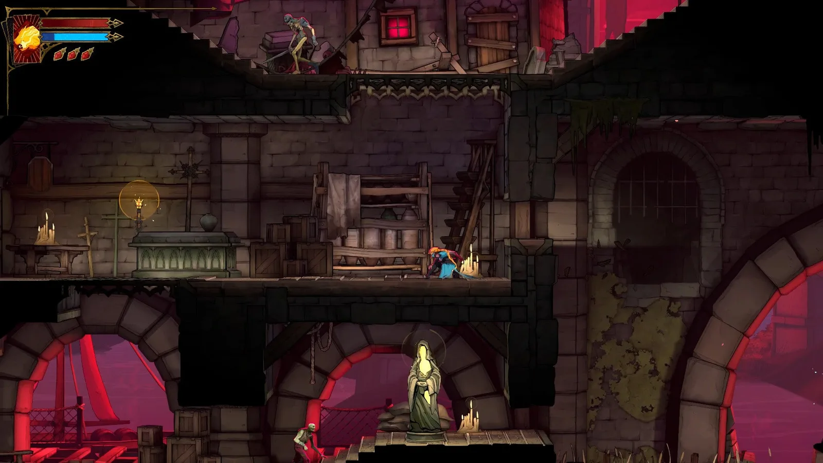 Rose explores the Street of the Tomb Masons in Castlevania: Belmont's Curse. There's a Virgin Mary Statue beneath her.