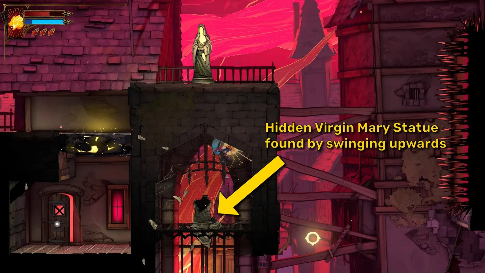 A yellow arrow points out a hidden Virgin Mary Statue that Rose can obtain by swinging upwards in Castlevania: Belmont's Curse. Another Virgin Mary Statue is atop this one.