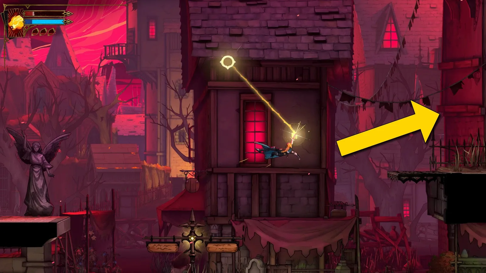 A yellow arrow tells Rose to swing right as she explores the area outside the Holy Innocents' Cemetery in Castlevania: Belmont's Curse.