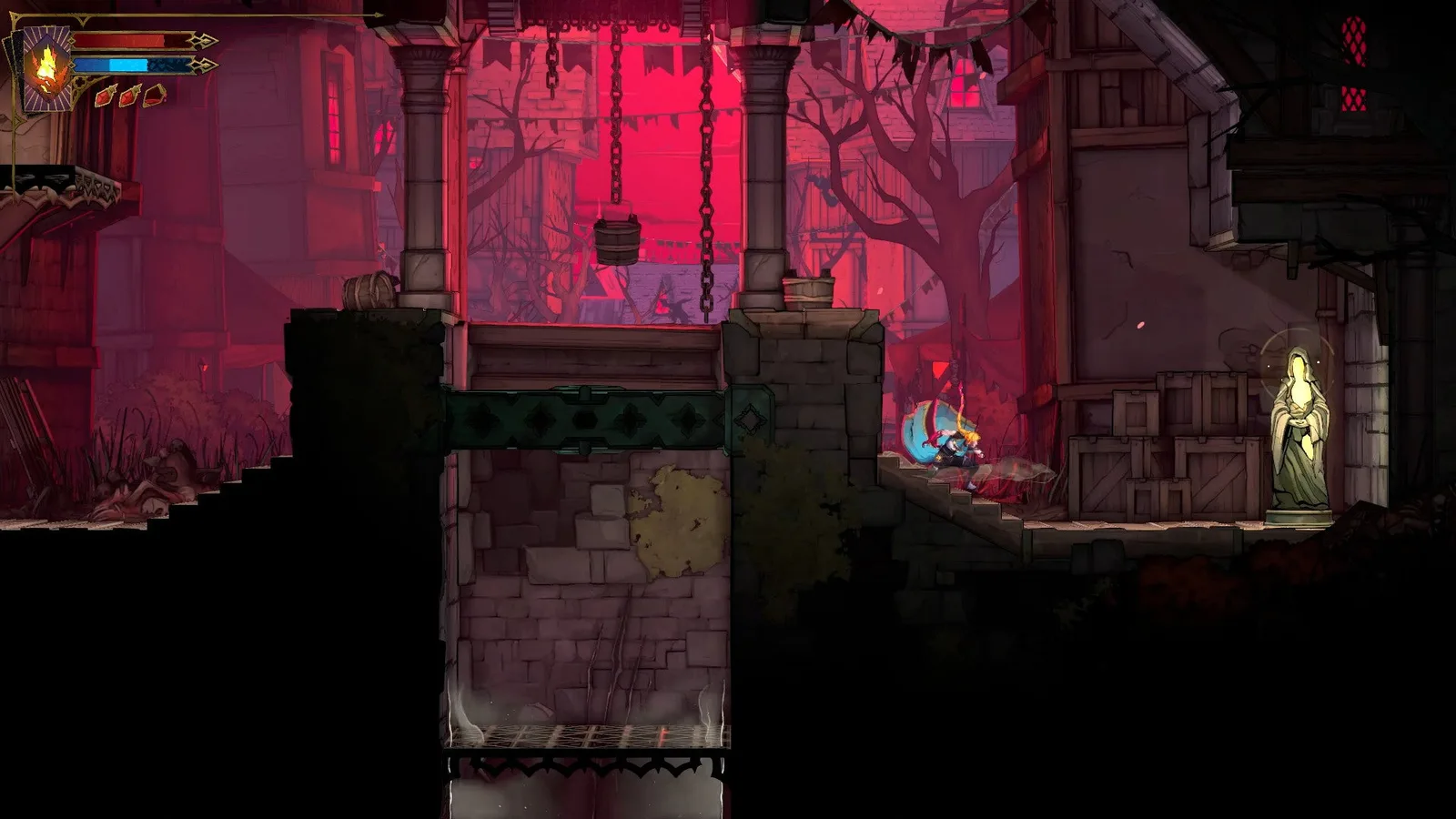 Rose kneels near a glowing Virgin Mary Statue in the Ruined Market of Castlevania: Belmont's Curse.
