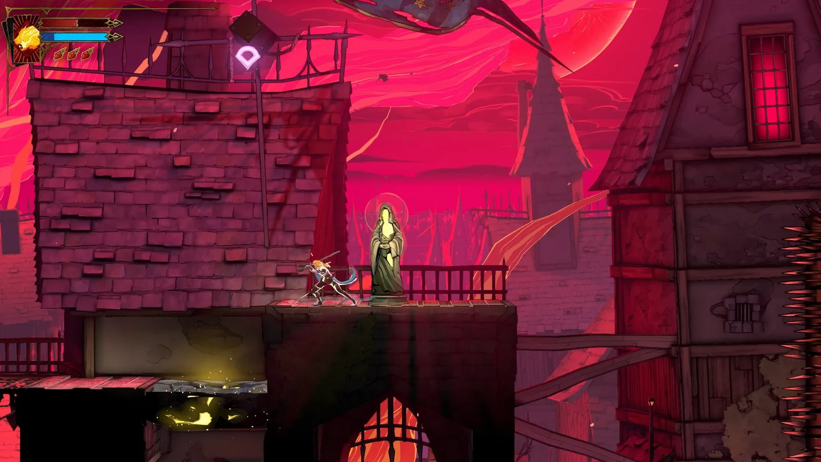 Rose stands next to a Virgin Mary Statue near the entrance of the cemetery in Castlevania: Belmont's Curse.
