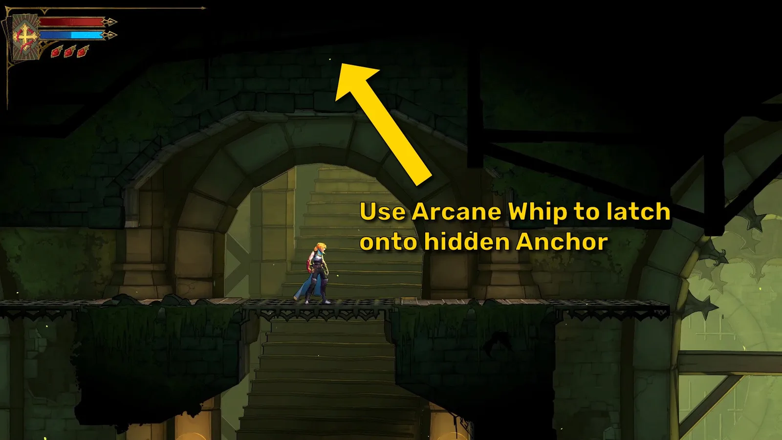 Rose stands in the sewers of Castlevania: Belmont's Curse. A yellow arrow points towards a hidden spot above her where she can whip to access a path that leads to the Cestus.