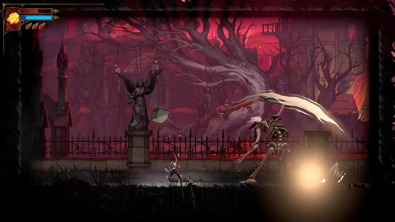 Rose fights a Giant Skeleton who uses its huge bone to toss chunks of rock at her in Castlevania: Belmont's Curse.