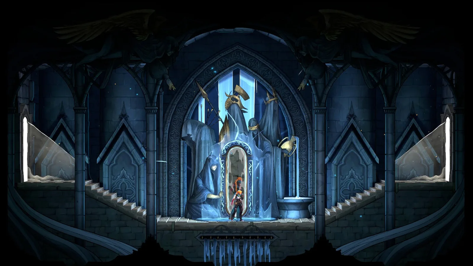 Rose stands before a Mirror of Life in Castlevania: Belmont's Curse. This is the game's save room, and consists of a tall mirror with elegant blue statues of maidens in robes surrounding it.