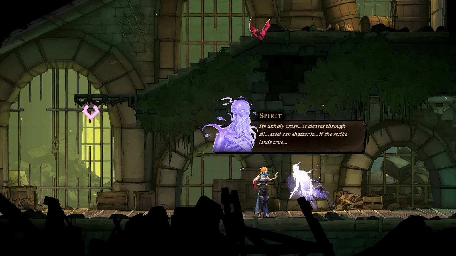 Rose speaks with a Spirit in Castlevania: Belmont's Curse who tells her that the Fallen's cross attack can be shattered with a well-timed steel strike.