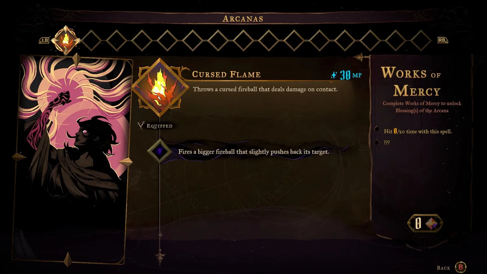 The Arcanas menu of Castlevania: Belmont's Curse shows Rose's first Arcana, the Cursed Flame.