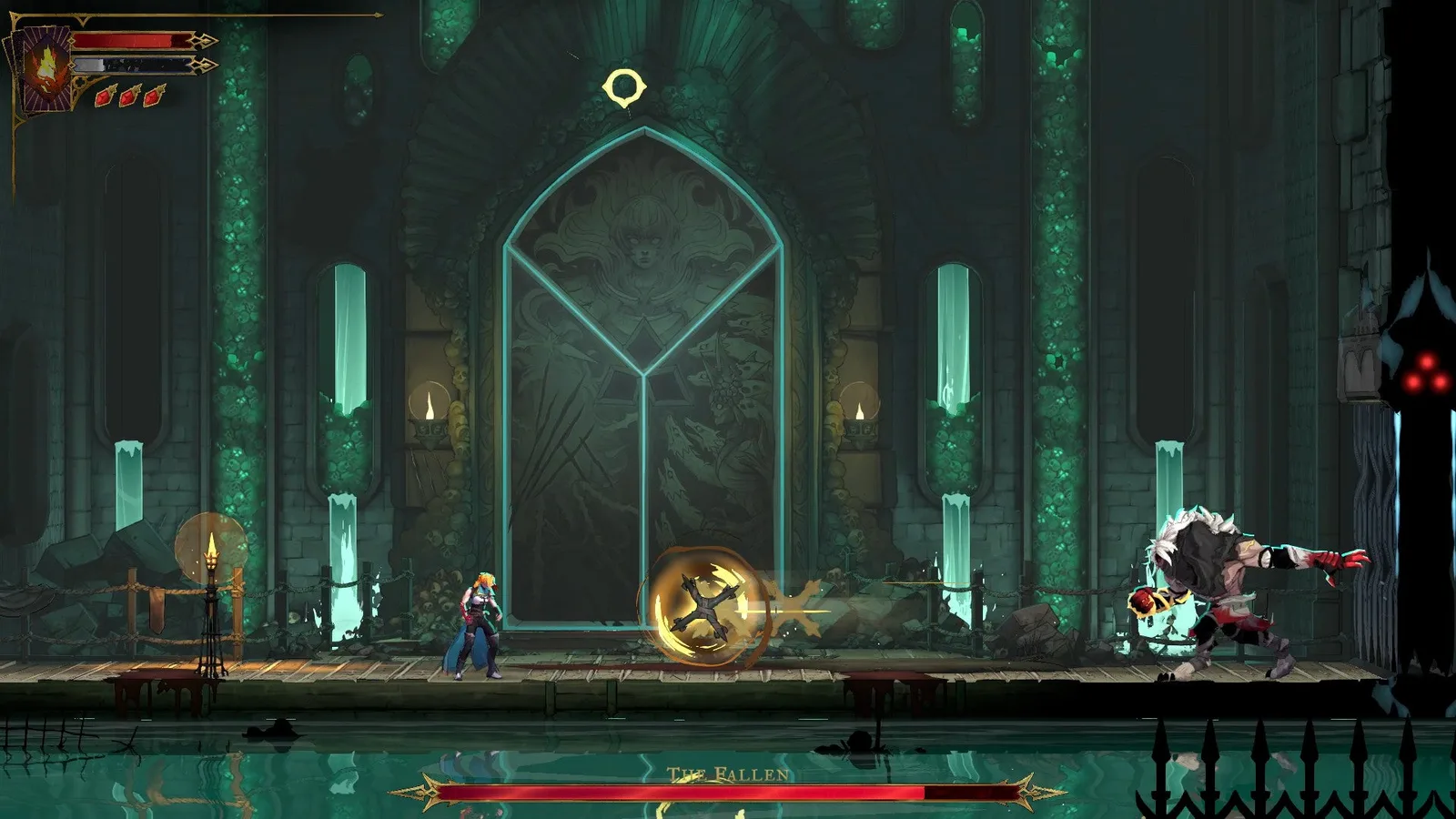 The Fallen, a hulking werewolf-like boss, tosses a Holy Cross in Rose's direction during the first boss fight of Castlevania: Belmont's Curse.