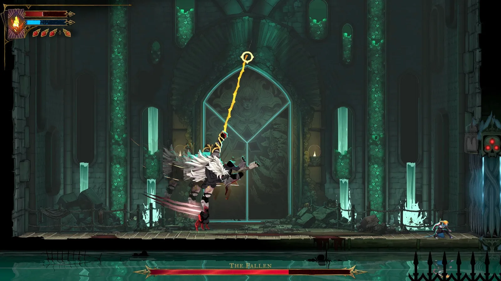 The Fallen swings on an Anchor in Castlevania: Belmont's Curse. Rose kneels on the other side of the boss room to avoid taking damage.