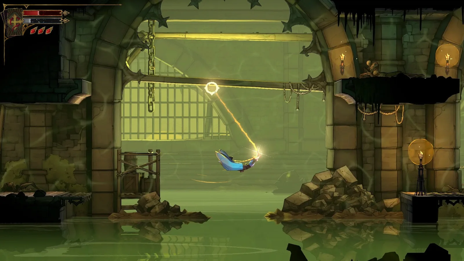 Rose swings on an Anchor across a body of water in the sewers of Castlevania: Belmont's Curse.