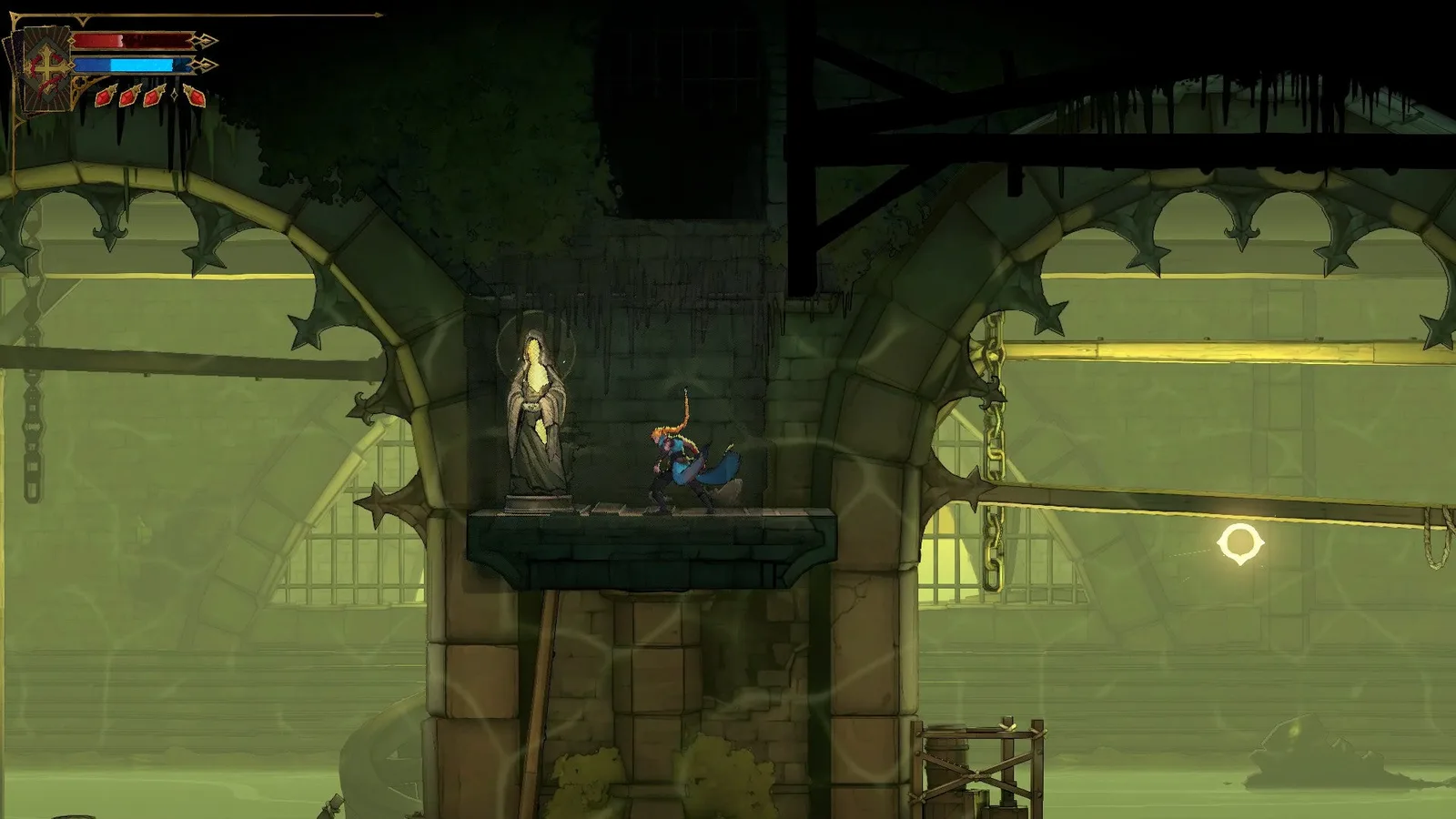 Rose finds a hidden Virgin Mary Statue on a platform in the sewers of Castlevania: Belmont's Curse.