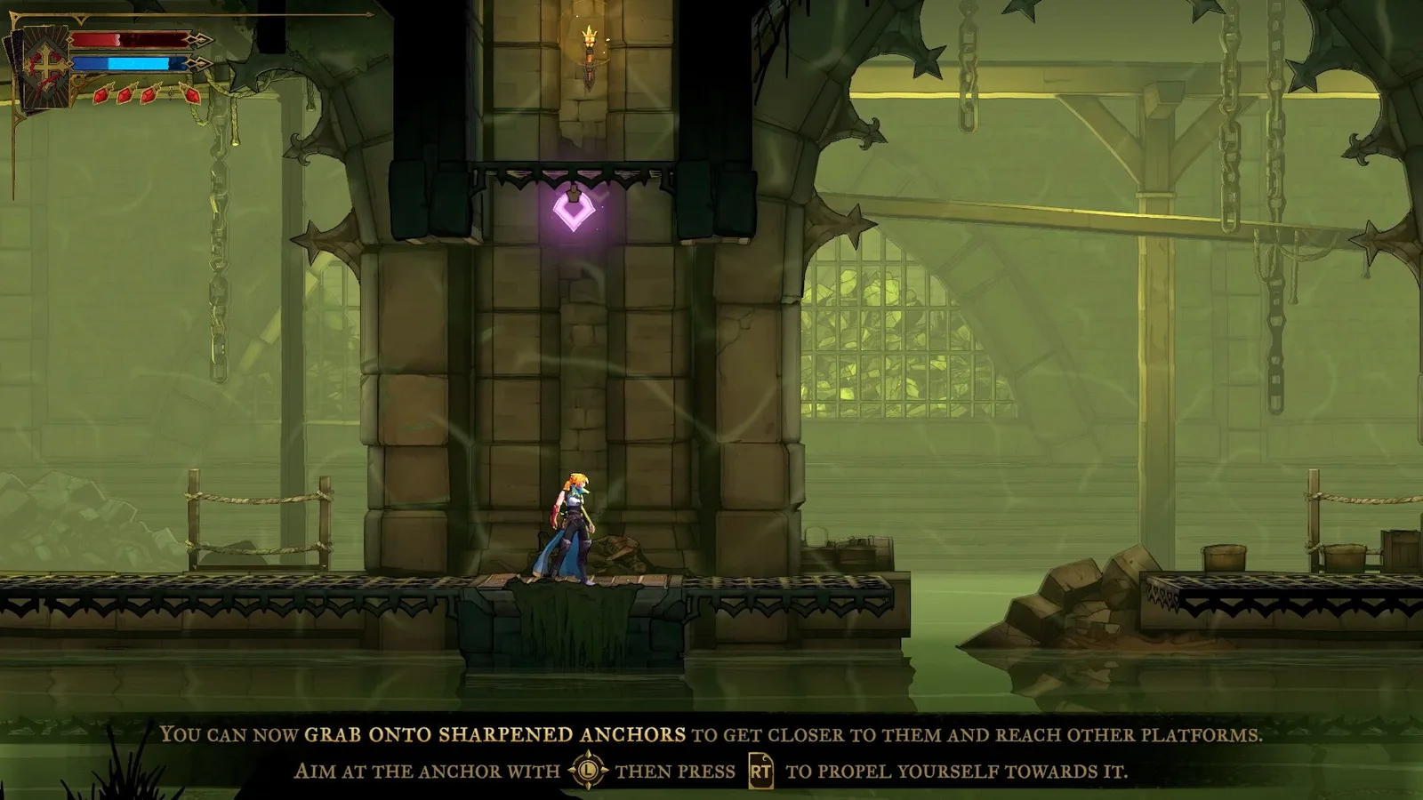 Rose stands beneath a purple Sharpened Anchor in Castlevania: Belmont's Curse. A tutorial tells the player that they can whip these Anchors to bring Rose closer to them.