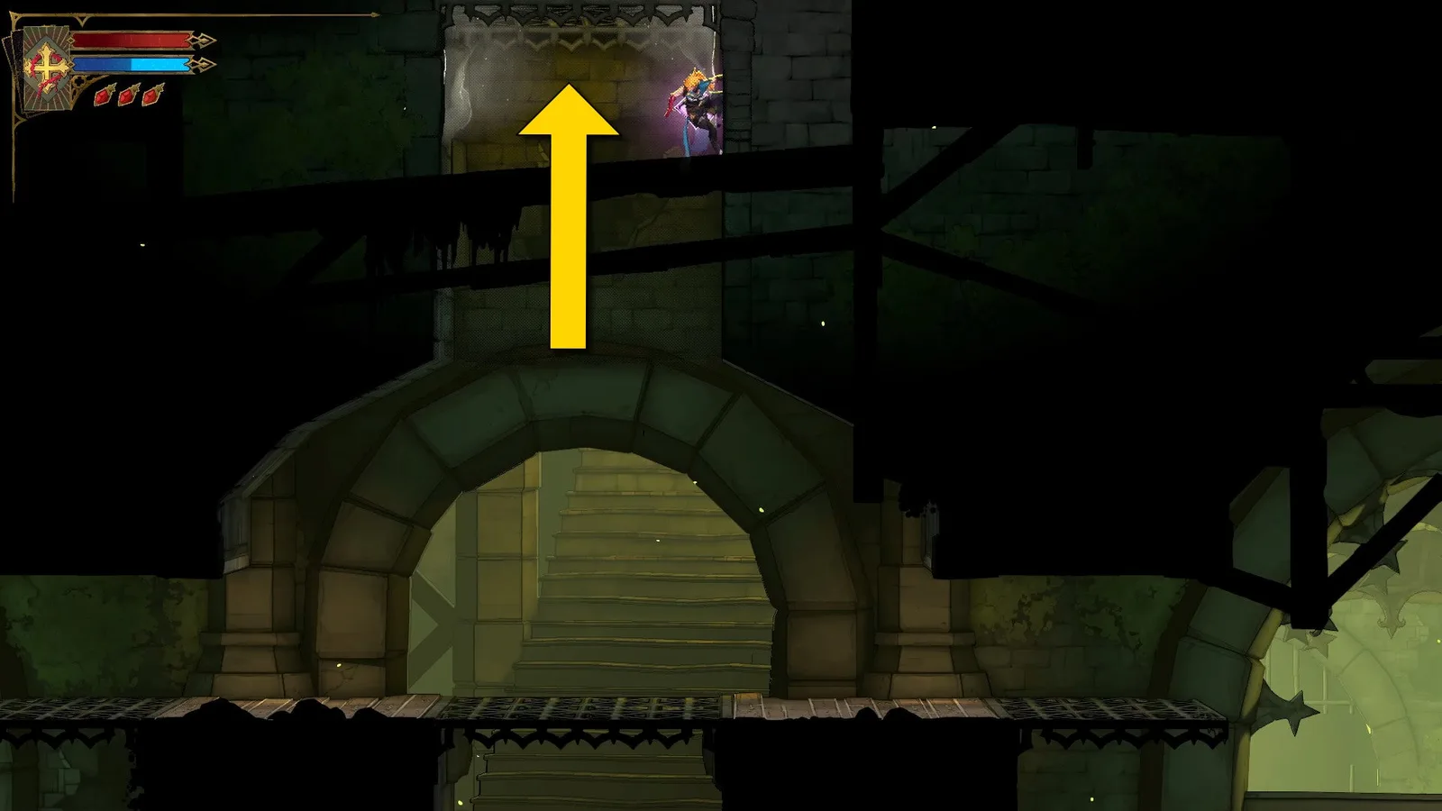 Rose clings to a wall in the sewers of Castlevania: Belmont's Curse. A yellow arrow points up towards the chest containing the Cestus.