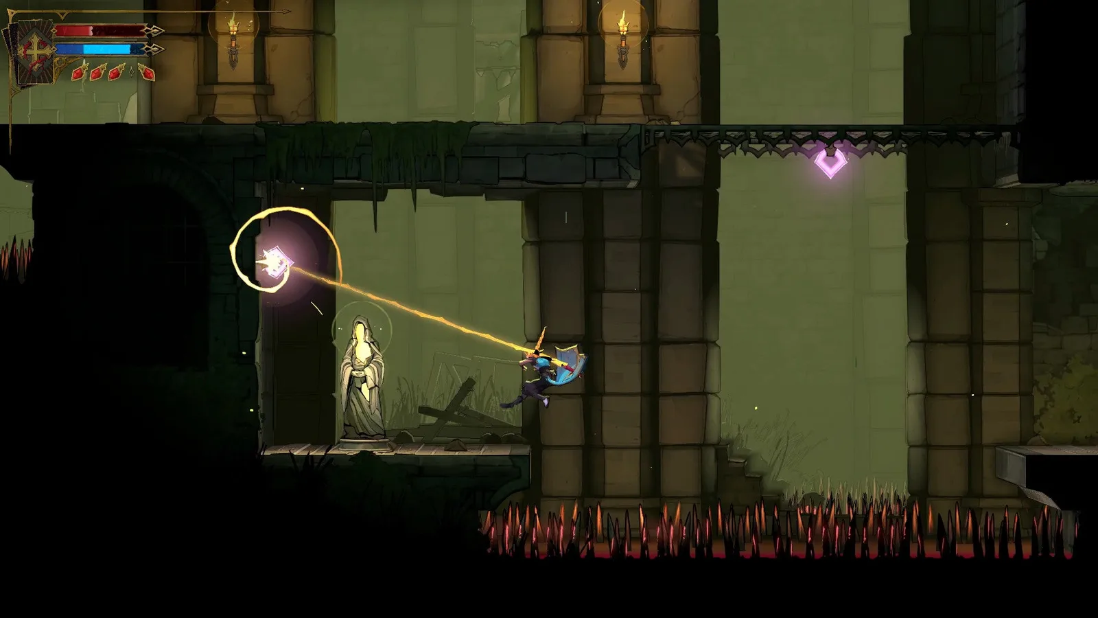 Rose swings across a spike gap towards a Virgin Mary Statue in Castlevania: Belmont's Curse.