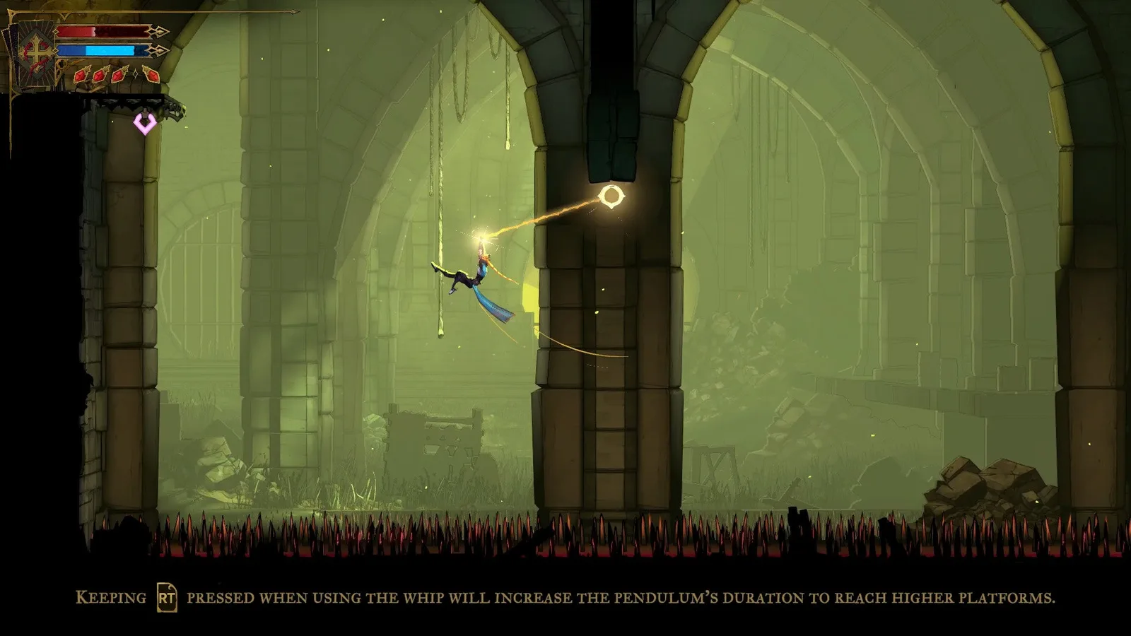 Rose performs a massive swing with her Arcane Whip over a bed of spikes in the sewers of Castlevania: Belmont's Curse.