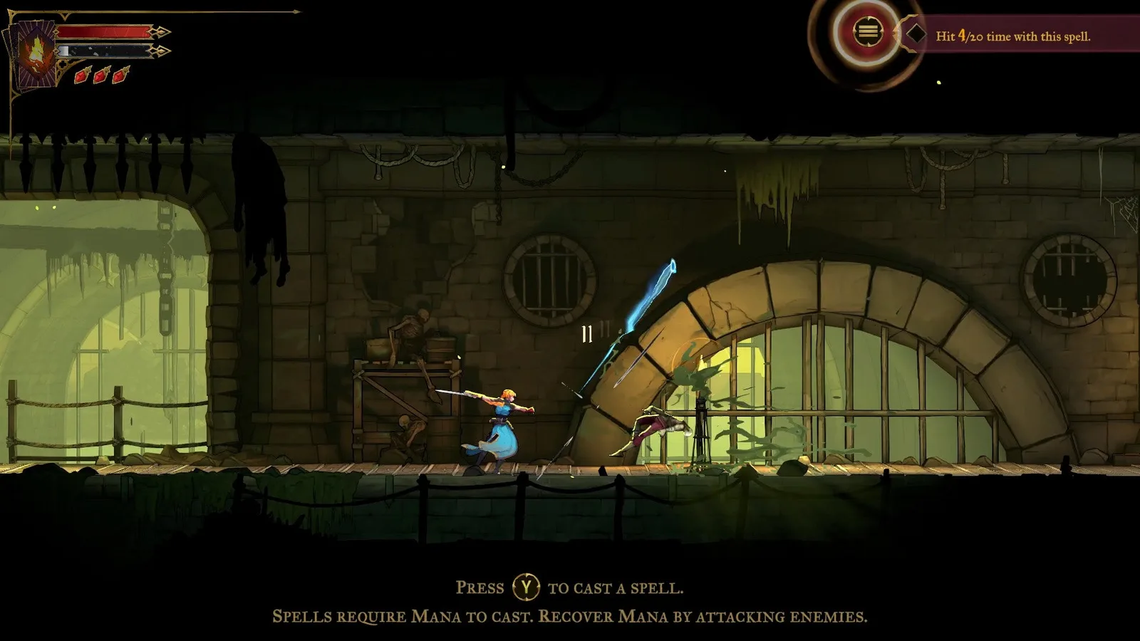 Rose attacks Zombies with her sword in the sewers of Castlevania: Belmont's Curse.