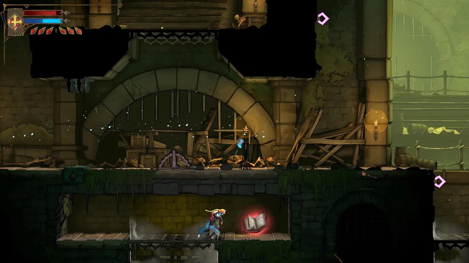 Rose kneels next to a Red ATK UP Book that was previously inaccessible in the Paris sewers of Castlevania: Belmont's Curse.
