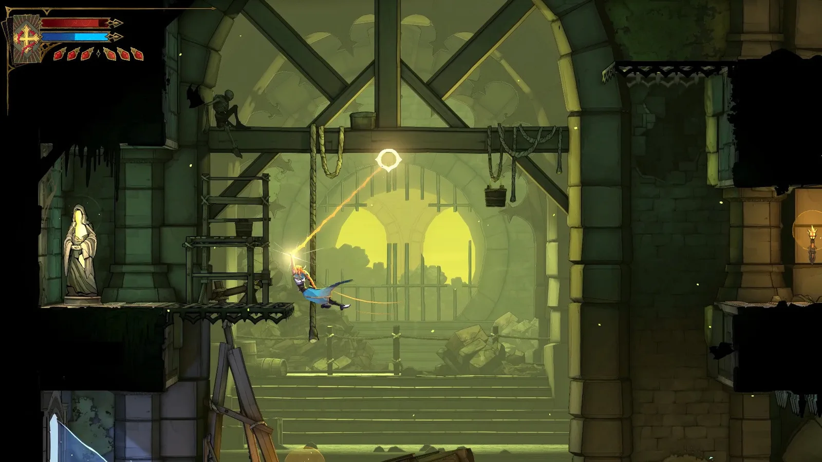 Rose swings on an Anchor to reach a Virgin Mary Statue in the sewers of Castlevania: Belmont's Curse.