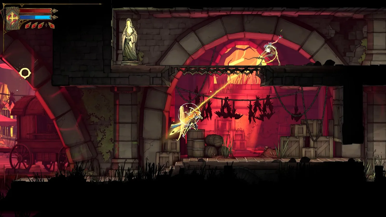 Rose uses her Arcane Whip to latch onto a Skeleton Archer aiming at her from above in Castlevania: Belmont's Curse.