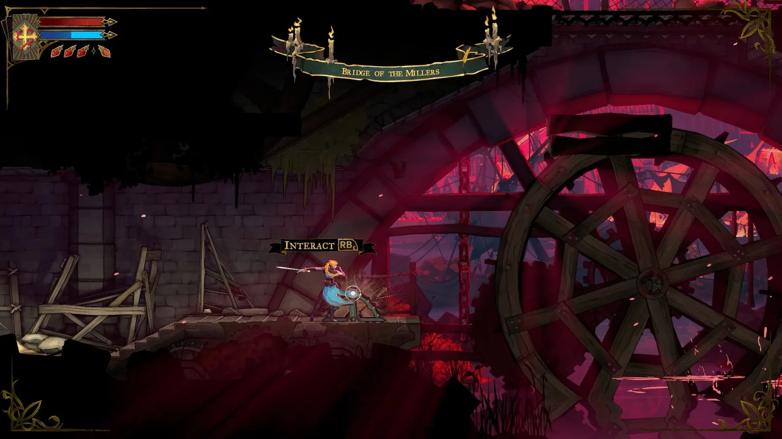Rose interacts with a lever to control the direction of a waterwheel in Castlevania: Belmont's Curse.