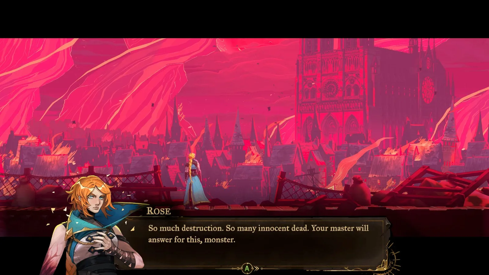 Rose looks at the burning city of Paris in Castlevania: Belmont's Curse and comments on all of the death and destruction.