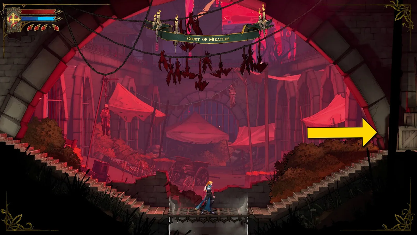 Rose stands in the Court of Miracles in Castlevania: Belmont's Curse, where signs of death and decay abound. A yellow arrow points to the right.