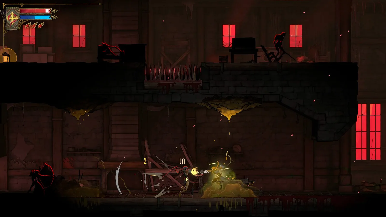 Rose runs through a dark room, fighting enemies and avoiding acid dripping from the ceiling in Castlevania: Belmont's Curse.