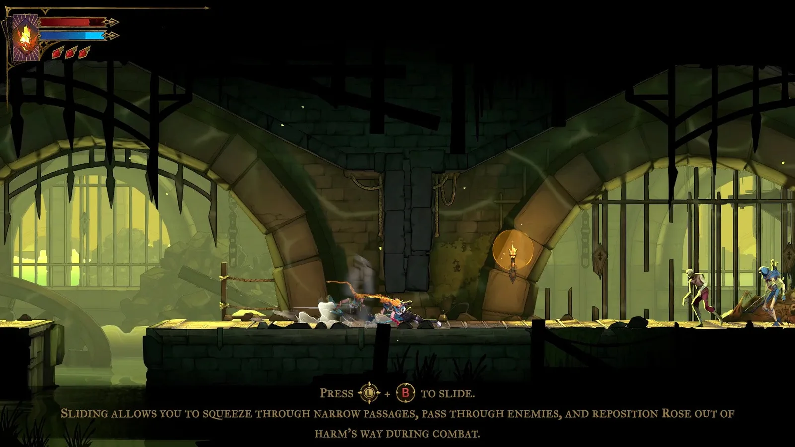 Rose slides under a right gap in the sewers of Castlevania: Belmont's Curse.