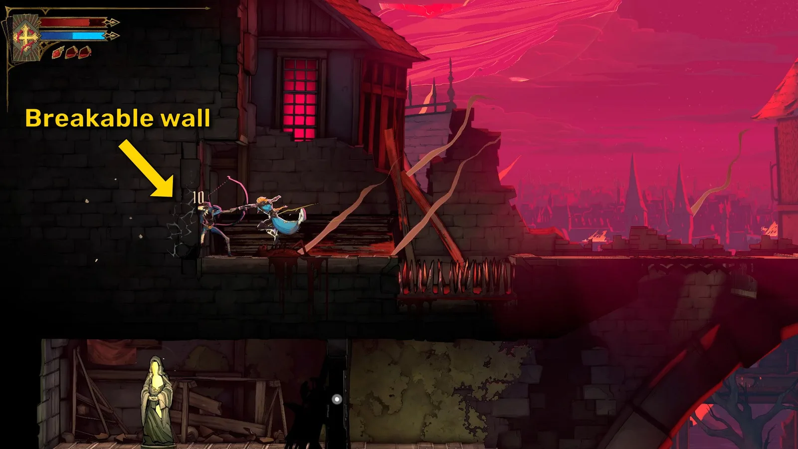 A yellow arrow highlights a breakable wall behind a Skeleton Archer in Castlevania: Belmont's Curse.