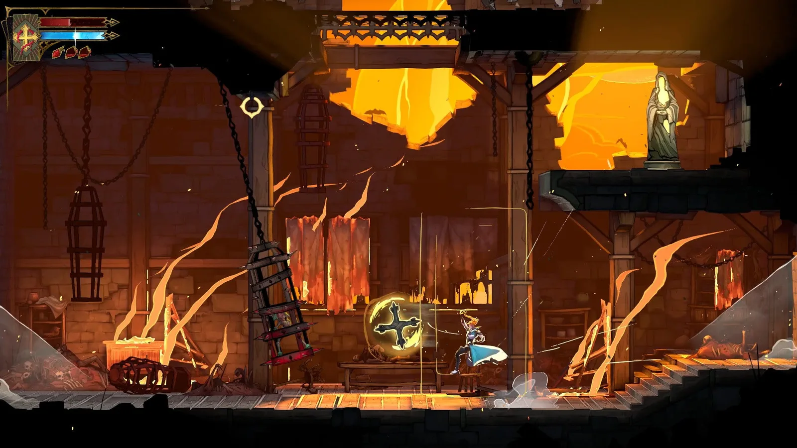 Rose hurls her Holy Cross at a caged Red Skeleton in a fiery room of Castlevania: Belmont's Curse.