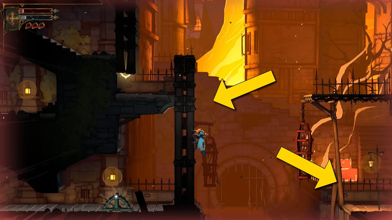 Yellow arrows indicate that the player needs to wall jump to a bottom platform in the Prison Tower area of Castlevania: Belmont's Curse.