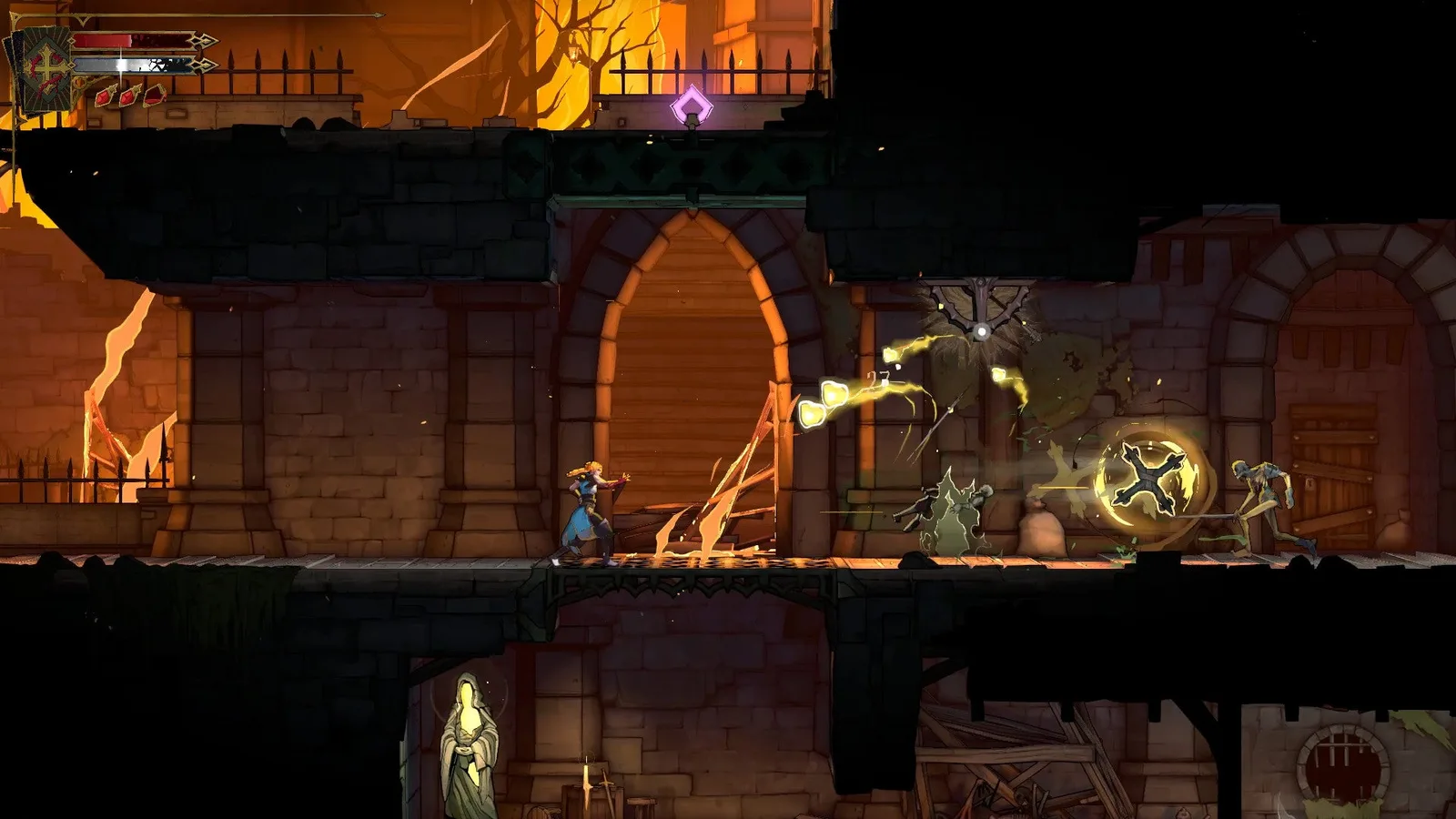 Rose flings her Holy Cross at skeletal foes Castlevania: Belmont's Curse, while a Virgin Mary Statue is beneath her and a lever just above.