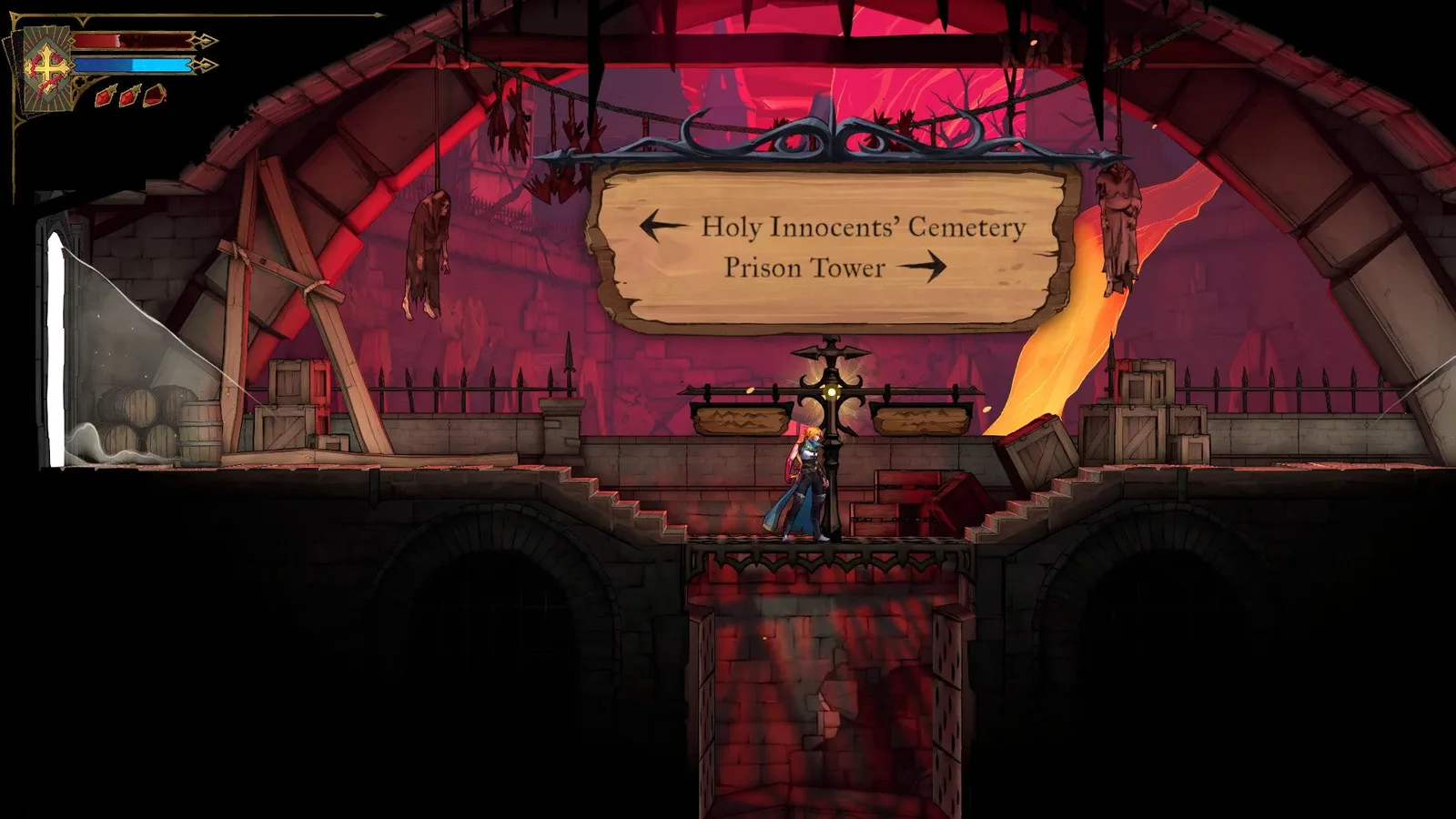 Rose stands at a crossroads in Castlevania: Belmont's Curse, with a sign telling her that the Holy Innocents' Cemetary is to the left, and the Prison Tower to the right.