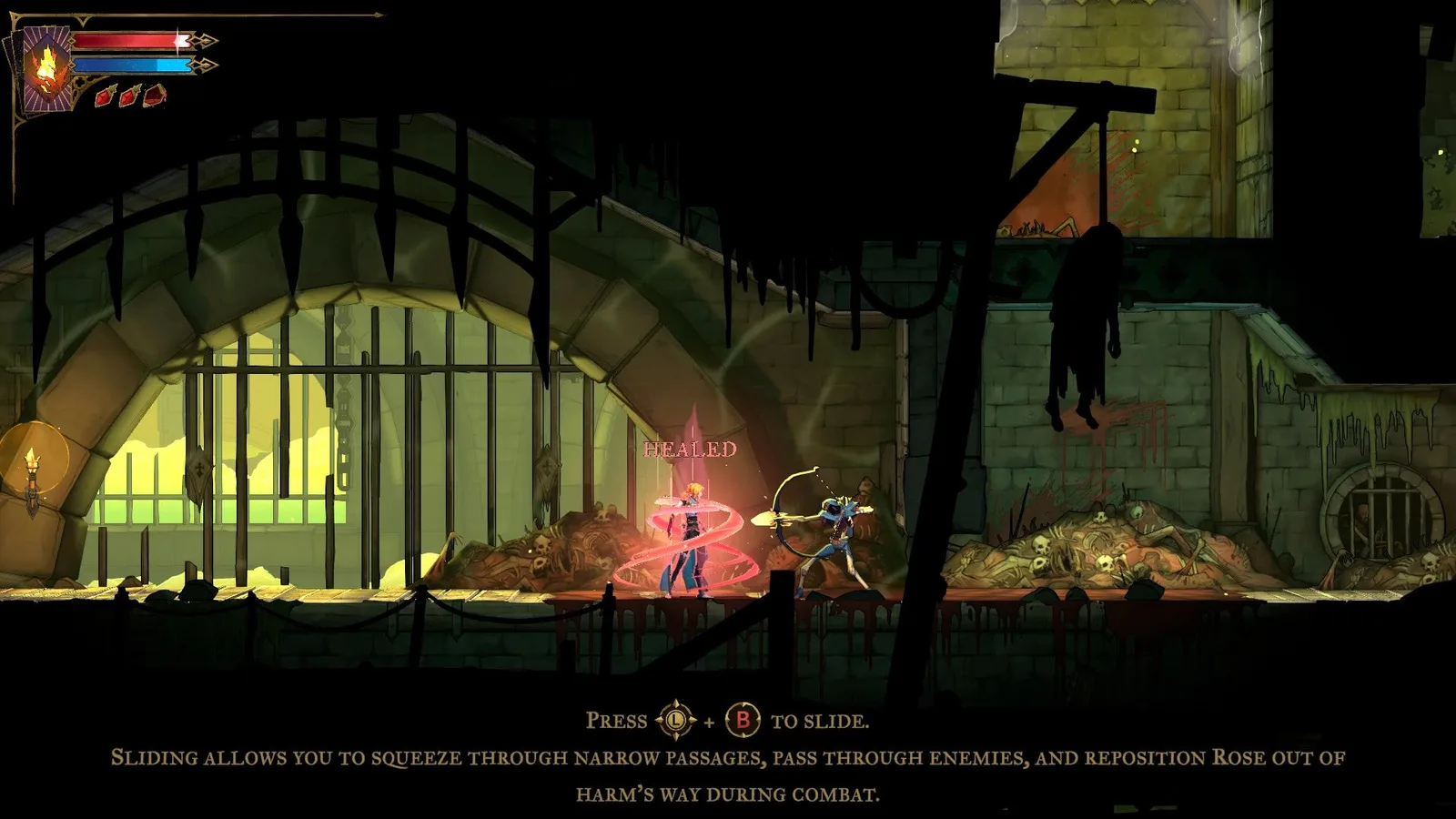 Rose uses a Potion to heal herself from a Skeleton Archer's assault in Castlevania: Belmont's Curse.