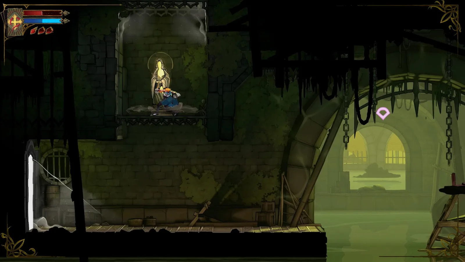 Rose kneels by a previously inaccessible Virgin Mary Statue in the sewers of Castlevania: Belmont's Curse.