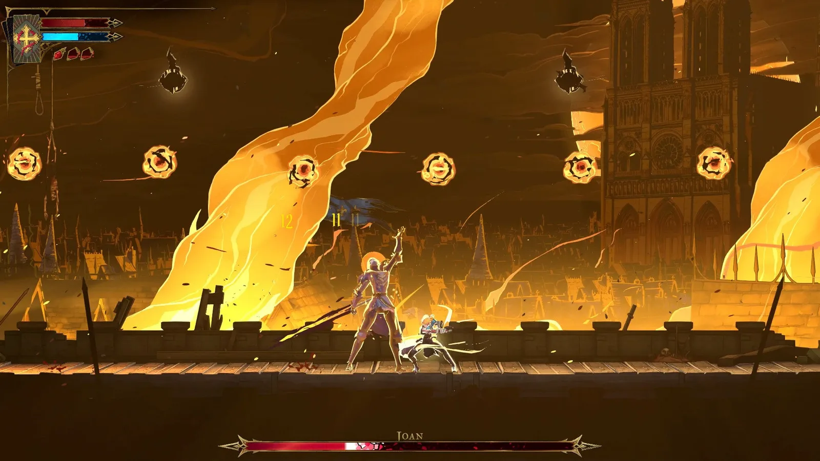 Joan raises her arm and prepares to unleash a barrage of flame from several levitating fireballs during this boss fight of Castlevania: Belmont's Curse.