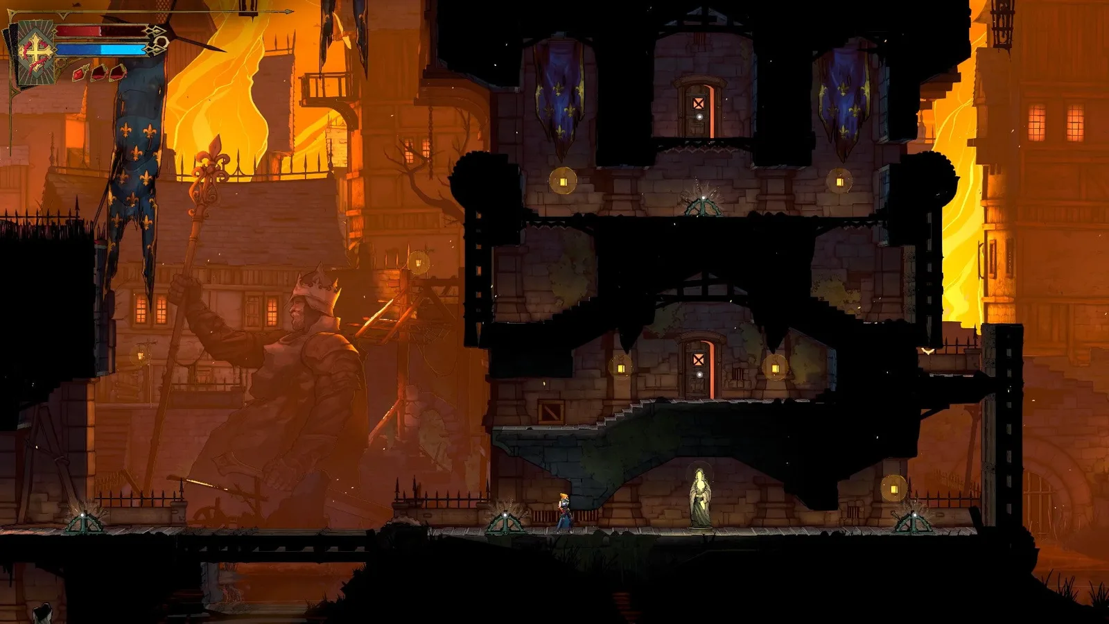 A zoomed out view reveals the massive height and size of the Prison Tower in Castlevania: Belmont's Curse.