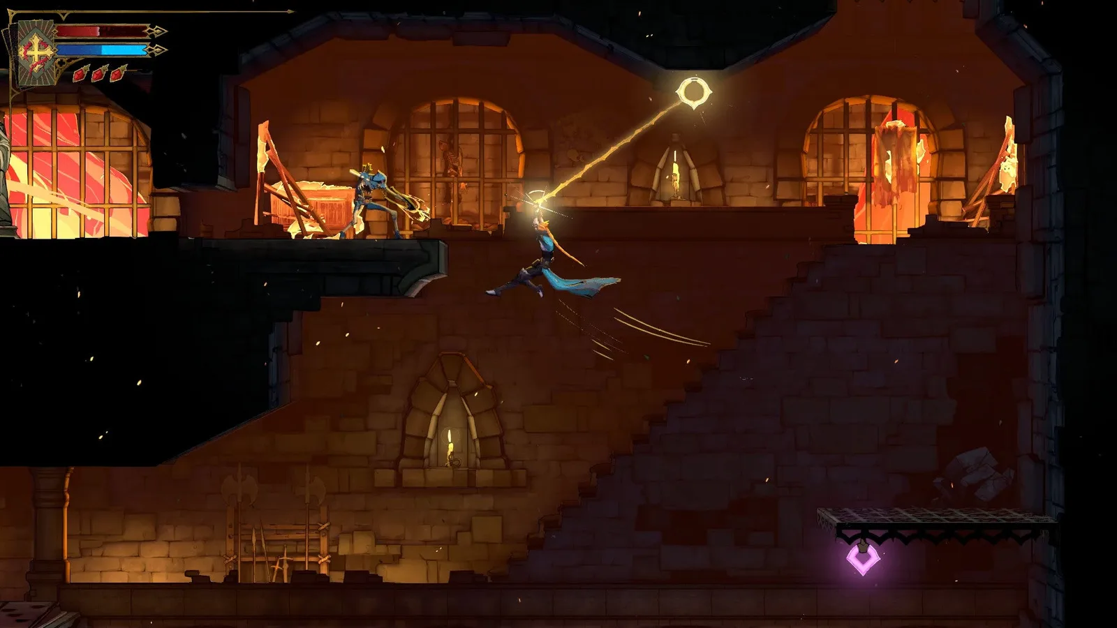 Rose swings across to a platform where a Skeleton Archer stands in the Prison Tower of Castlevania: Belmont's Curse.