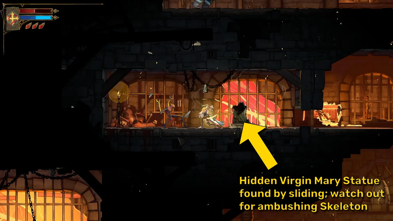 A yellow arrow points out the location of a hidden Virgin Mary Statue in Castlevania: Belmont's Curse, and warns the player of an ambushing Skeleton.