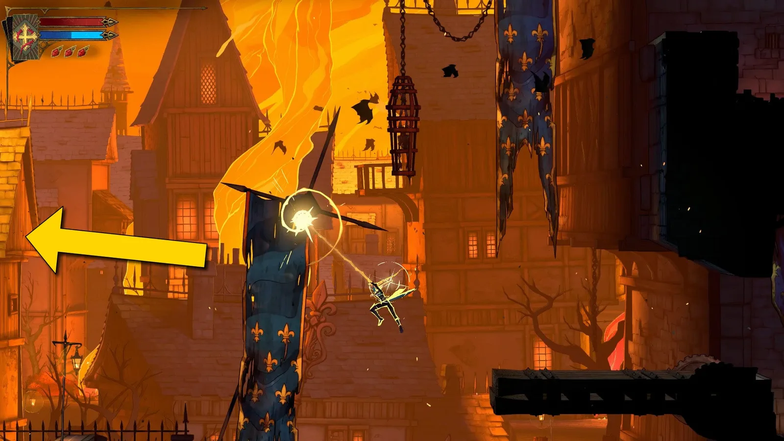 Rose swings in the skies near the Prison Tower of Castlevania: Belmont's Curse. A yellow arrow tells the player to swing left.