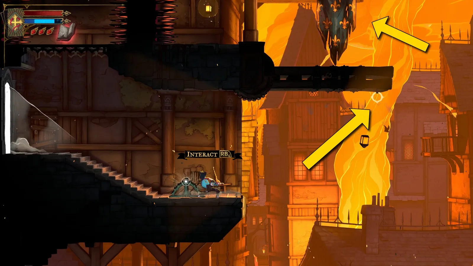 Yellow arrows show Rose how to navigate upwards to get a Red ATK Up Book in Castlevania: Belmont's Curse